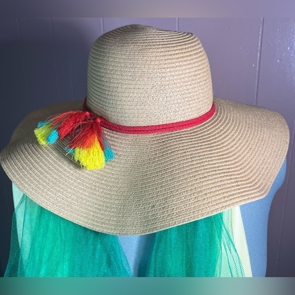 Serra floppy boho wide brim straw beachy hat with tassels. - Picture 3 of 11